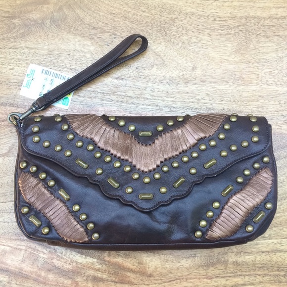Stein Mart Brown Leather Studded Embellished Wristlet Wristlet Clutch Purse Bag